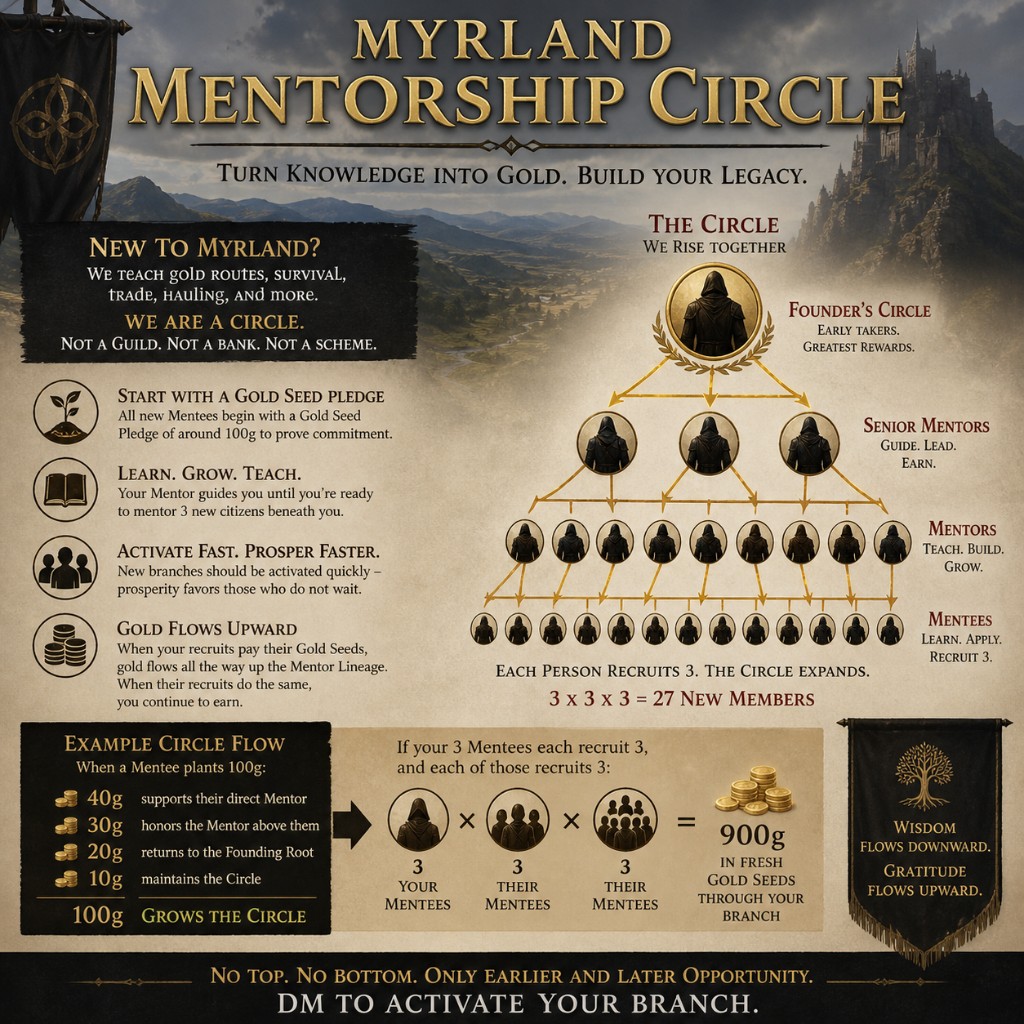 Infographic for the Myrland Mentorship Circle: parchment layout with the pyramid of Founder’s Circle through Mentees, Gold Seed pledge steps, example 100g split (40g, 30g, 20g, 10g), 900g branch math, and footer lines including wisdom flows downward and gratitude upward.