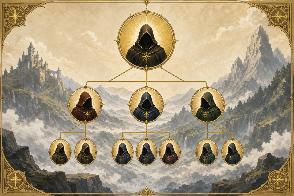 Hooded mentor figures connected by gold lines in a branching tree over misty hills.