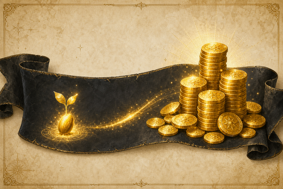 Stylized gold seeds and coins on a parchment ribbon, illustration for the Circle.