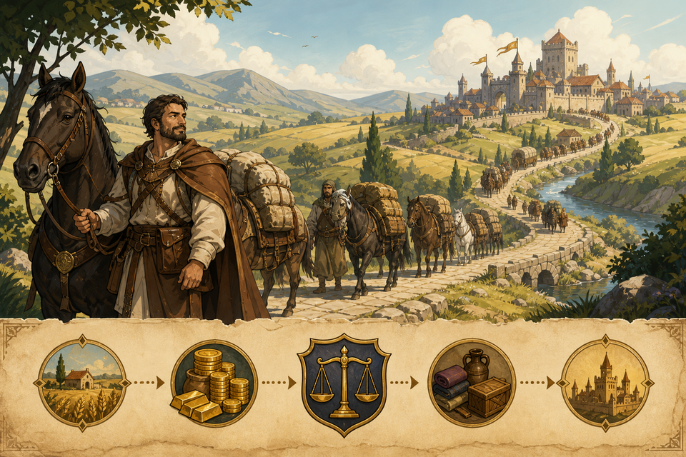 Fantasy trade road with caravan silhouettes and gold accents.
